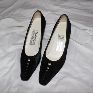 Salvatore Ferragamo Black Leather Pony Hair Pointed Toe Kitten Heel Pump W Sz 7